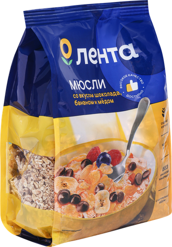 Мюсли ЛЕНТА Со вкусом шоколада, с бананом и медом, 400г, изображение