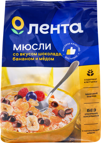 Мюсли ЛЕНТА Со вкусом шоколада, с бананом и медом, 400г, изображение