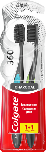 Зубная щетка COLGATE 360 Уголь, средней жесткости, 2шт, крупный план