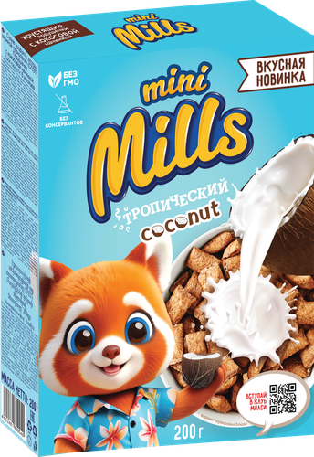 Готовый завтрак MINI MILLS Подушечки с кокосовой начинкой, 200г, крупный план