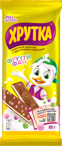 Шоколад молочный ХРУТКА со вкусом фруктовый микс и банан, с хрустящими шариками, 87г, изображение