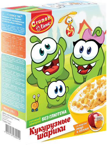 Готовый завтрак CRUNCH TIME Ам Ням, шарики со вкусом меда и яблока, 170г, крупный план