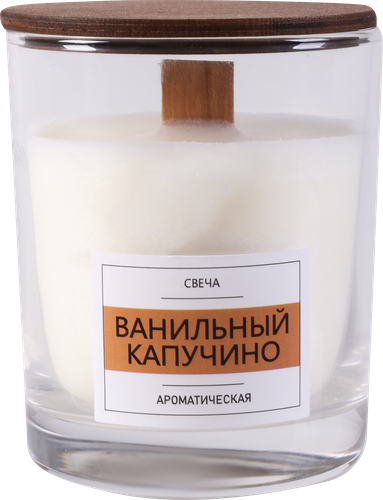 Свеча ароматическая HOMECLUB Ванильный капучино, в стакане с крышкой, деревянный фитиль, изображение