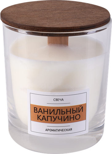 Свеча ароматическая HOMECLUB Ванильный капучино, в стакане с крышкой, деревянный фитиль, картинка