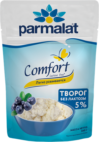 Творог рассыпчатый PARMALAT Comfort без лактозы 5%, без змж, 260г, крупный план