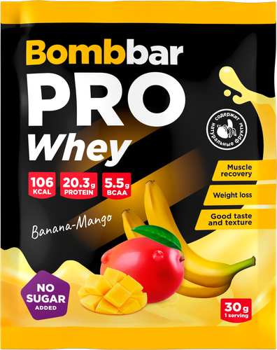 Концентрат для приготовления коктейля BOMBBAR Whey Protein Банан–манго, сухой, 30г, крупный план