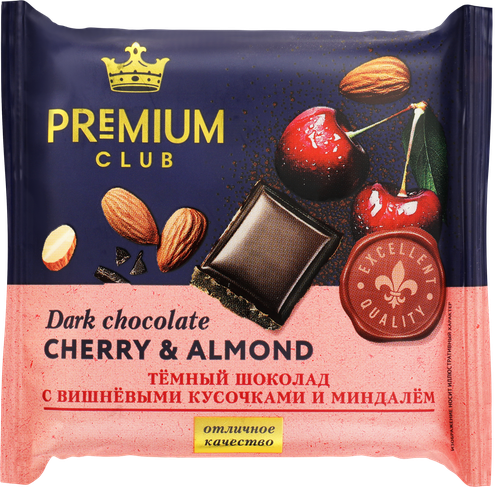 Шоколад темный PREMIUM CLUB с вишней и миндалем, 50г, изображение