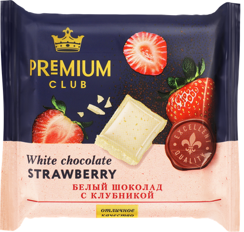 Шоколад белый PREMIUM CLUB с клубникой, 50г, крупный план
