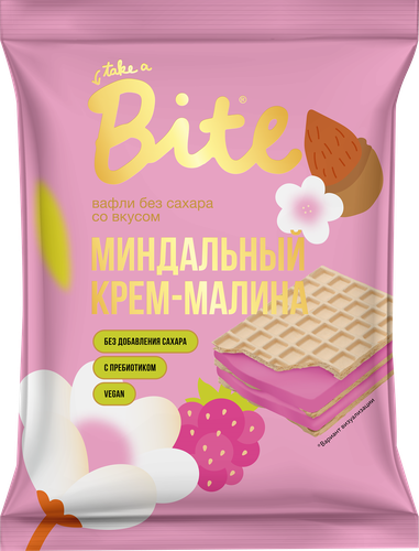 Вафли TAKE A BITE Малина–миндальный крем, без сахара, 30г, крупный план
