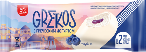 Мороженое ИНМАРКО Gre-Kos с греческим йогуртом и голубикой в белой глазури 4%, без змж, эскимо, 57г, изображение