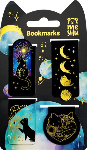 Закладки магнитные для книг MESHU Moon cat, софт-тач, фольга, 4шт, картинка