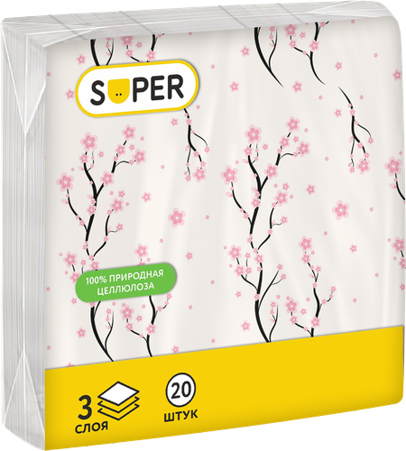 Салфетки бумажные SUPER Вдохновение 3-слоя, 33х33см, 20шт, изображение