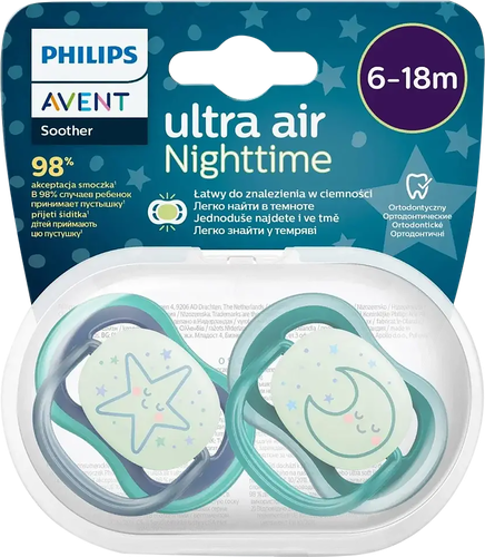 Пустышка PHILIPS AVENT Ultra air ночная светящаяся, звезда/месяц, с 6 месяцев, Арт. SCF376/13, 2шт, фото