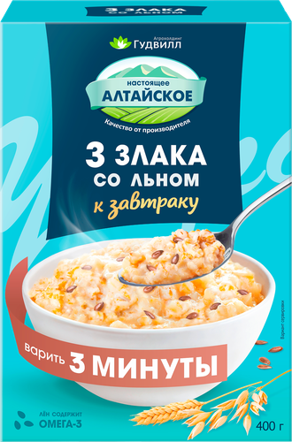 Хлопья мультизлаковые ГУДВИЛЛ 3 злака, с семенами льна, 400г, крупный план