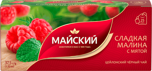 Чай черный МАЙСКИЙ Сладкая малина с мятой, 25пак, крупный план