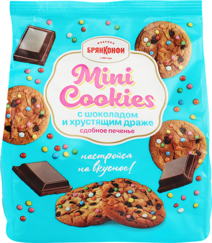Печенье сдобное БРЯНКОНФИ Mini Cookies с шоколадом и хрустящим драже, 200г, фотография