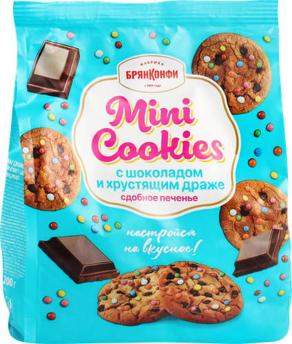 Печенье сдобное БРЯНКОНФИ Mini Cookies с шоколадом и хрустящим драже, 200г, картинка