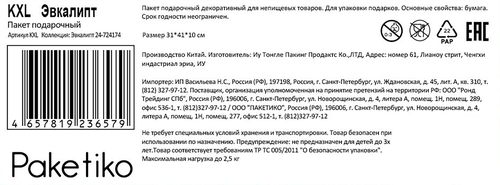 Пакет подарочный ПАКЕТИКО Эвкалипт Крафт, 31x41x10см, Арт. KXL, фотография