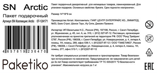 Пакет подарочный ПАКЕТИКО Arctic, 14х19х9см, Арт. SN, детальное фото
