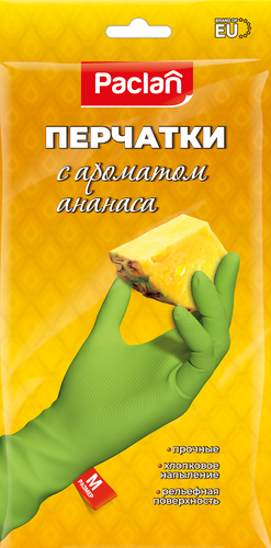 Перчатки резиновые PACLAN хлопковое напыление, аромат ананаса, размер M, зеленые, Арт. 407031, фотография