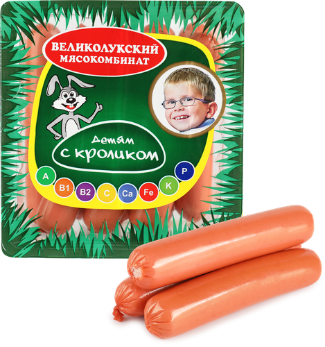 Сосиски МК ВЕЛИКОЛУКСКИЙ Детям с кроликом, 330г, вид
