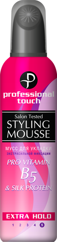 Мусс для волос PROFESSIONAL TOUCH Pro-vitamin B5&Silk Protein экстрасильная фиксация, 150мл, вид