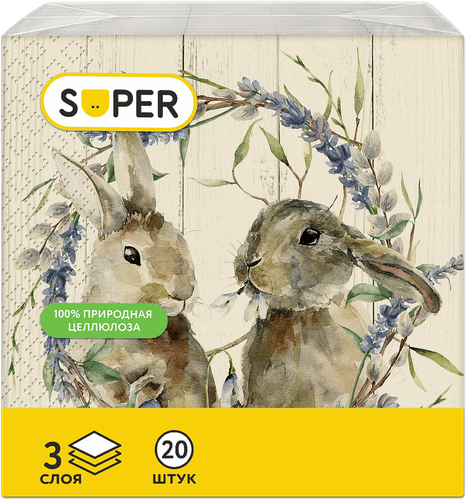 Салфетки бумажные SUPER Зайки 3-слоя, 33см, 20шт, вид