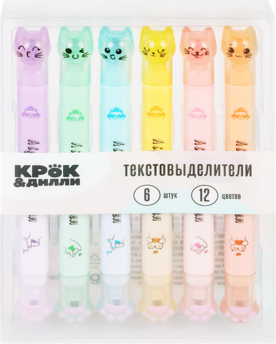 Набор текстовыделителей КРОК&ДИЛЛИ Лапки, двусторонние, 12 цветов, 6шт, картинка