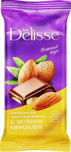 Шоколад молочный DELISSE с цельным миндалем, 60г, вид