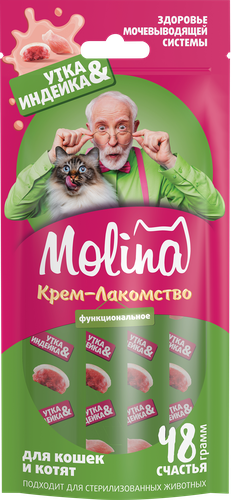 Крем–лакомство для взрослых кошек MOLINA Здоровье мочевыводящей системы, с уткой и индейкой, 48г, детальное фото