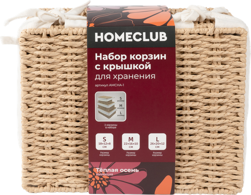 Корзина для хранения HOMECLUB с крышкой, Арт. AMCHA-1, 3шт, фото