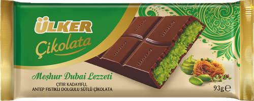 Шоколад молочный ULKER Dubai Chocolate с фисташковой начинкой и кадаифом, 93г, детальное фото