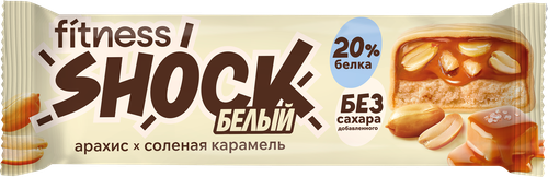 Батончик протеиновый FITNESSHOCK Белый арахис 20% протеина, без сахара, 50г, крупный план