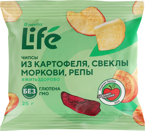 Чипсы овощные ЛЕНТА LIFE Хрустящие, картофель, свекла, морковь и репа, 25г, вид