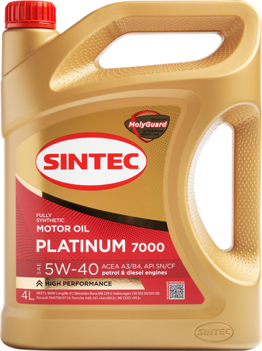 Масло моторное SINTEC Platinum 7000 Акция 4+1&nbsp;5W-40&nbsp;A3/B4&nbsp;SN/CF, 4л, крупный план