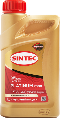 Масло моторное SINTEC Platinum 7000 Акция 4+1&nbsp;5W-40&nbsp;A3/B4&nbsp;SN/CF, 4л, крупный план