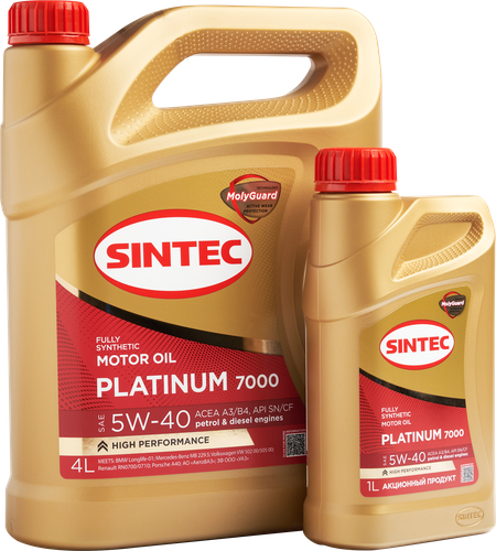 Масло моторное SINTEC Platinum 7000 Акция 4+1&nbsp;5W-40&nbsp;A3/B4&nbsp;SN/CF, 4л, крупный план