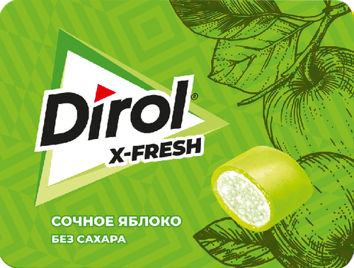 Жевательная резинка DIROL X-FRESH Сочное яблоко, без сахара со вкусом яблока, 16г, крупный план