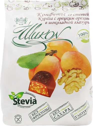 Конфеты ШИКОН Курага с грецким орехом в шоколадной глазури, без сахара, 150г, вид