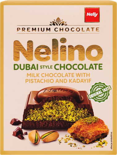 Шоколад молочный NELINA Dubai Chocolate с фисташковой начинкой и кадаифом, 62г, крупный план