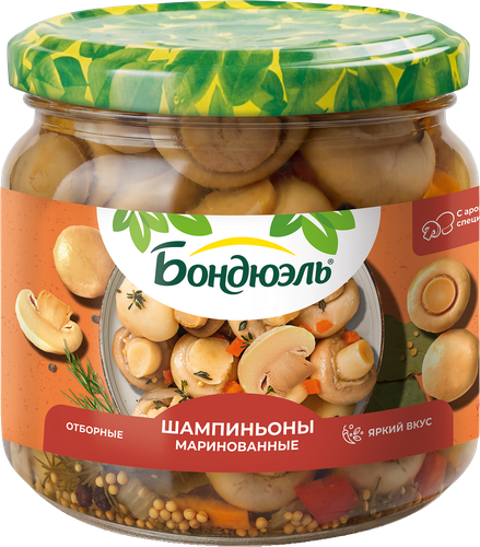 Шампиньоны маринованные БОНДЮЭЛЬ с ароматными специями, 350мл, детальное фото