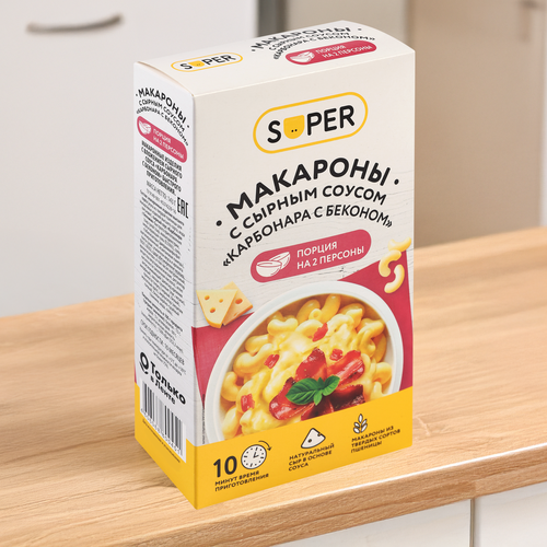 Макароны SUPER с сырным соусом Карбонара с беконом, 143г, изображение