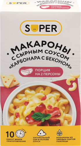 Макароны SUPER с сырным соусом Карбонара с беконом, 143г, вид
