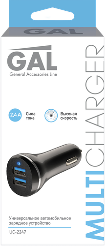 Устройство зарядное GAL суммарный ток – 2.4А разъемы: 2хUSB, черное, Арт. UC-2247, фотография