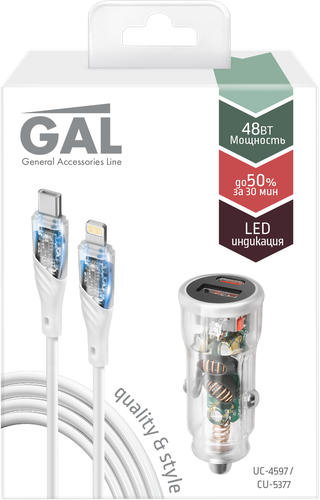 Набор автоаксессуаров GAL АЗУ type-C-USB PD 30W+QC3 и кабель type-C-8pin 3A 1м, Арт. UC-4597/CU-5377, изображение