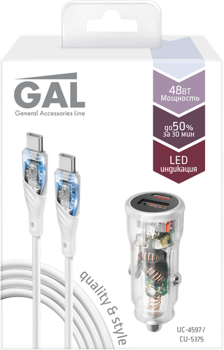 Набор автоаксессуаров GAL АЗУ type-C-USB PD 30W+QC3 и кабель type-C-type-C 3A 1м, Арт. UC-4597/CU-5375, изображение