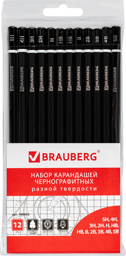 Набор чернографитных карандашей BRAUBERG Line 5H-5B разной твердости, Арт. 180652, 12шт, фото