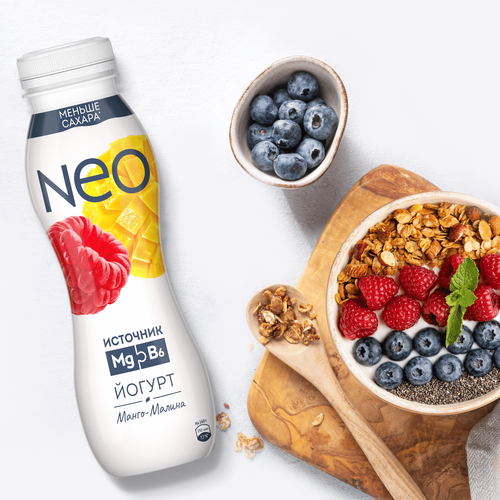 Йогурт питьевой NEO Фруктовый Манго, малина 1,5%, без змж 260г, детальное фото