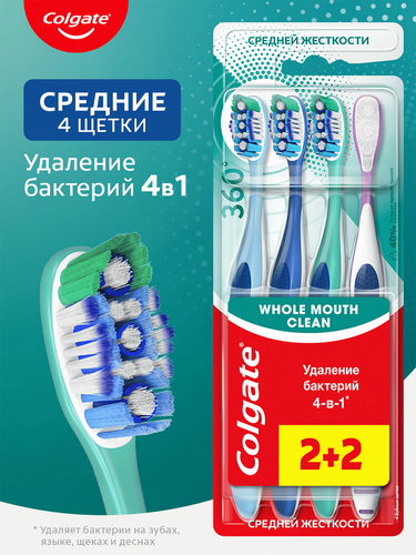 Зубная щетка COLGATE 360 Суперчистота средняя жесткость, 4шт, детальное фото