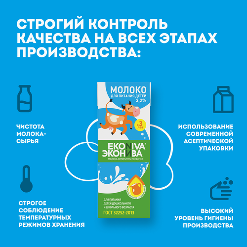 Молоко ультрапастеризованное детское ЭКОНИВА 3,2%, с 3 лет, без змж, 200мл, крупный план